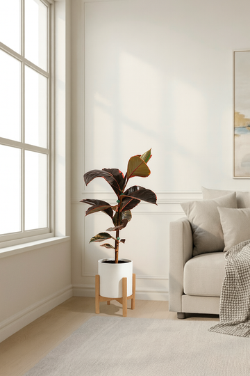 Ficus plant with self-watering pot in a living room