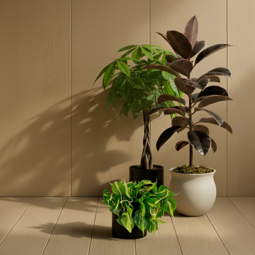 Three potted plants on a wooden floor against a beige wall